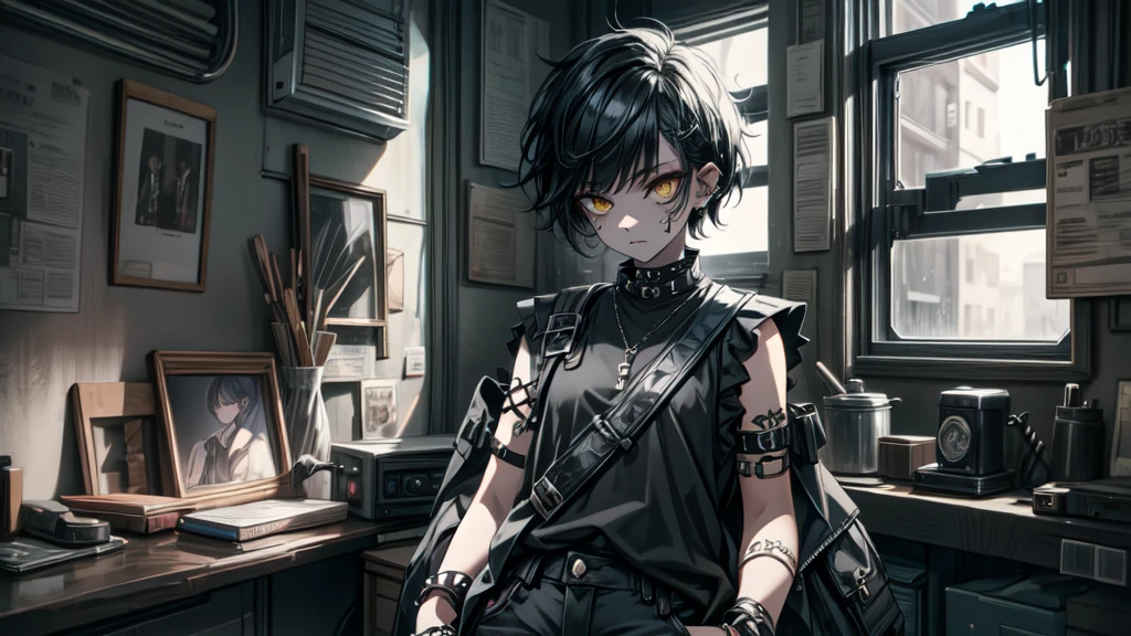 Best god quality, SOLO, single girl, no one in background, detailed, a dark room with moonlight shining in, no windows, dark bedroom, minimal lights, , (((SOLO))), (girl standing in middle) 1girl, punk, short hair, black hair, yellow eyes, eyelashes, eyeshadow,(black lipstick:1.2),nose piercing, lip piercing, baggy shirt, black baggy shirt, (sleeveless), tight black jeans, spikes bracelet, standing, looking at viewer, facing viewer, expressionless, hands in pockets, indoors
