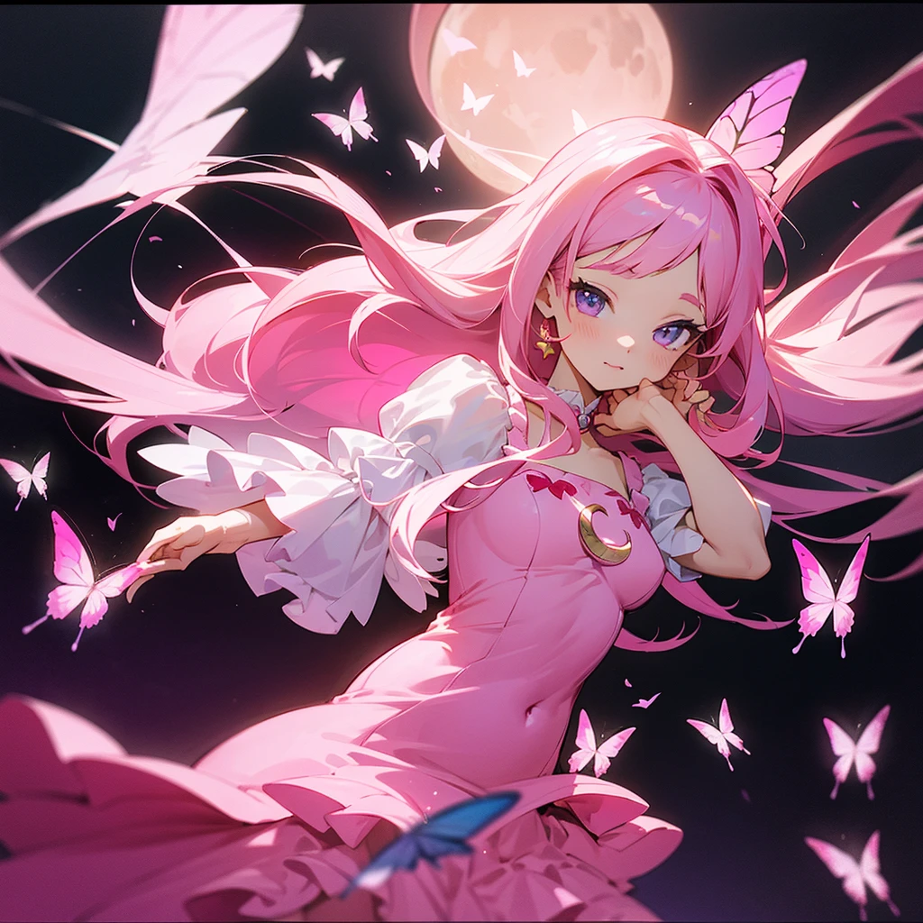 She has long pink hair and half-twin outfit. She is wearing a frilly pink one-piece dress. The background is pink with a crescent moon and lots of butterflies.