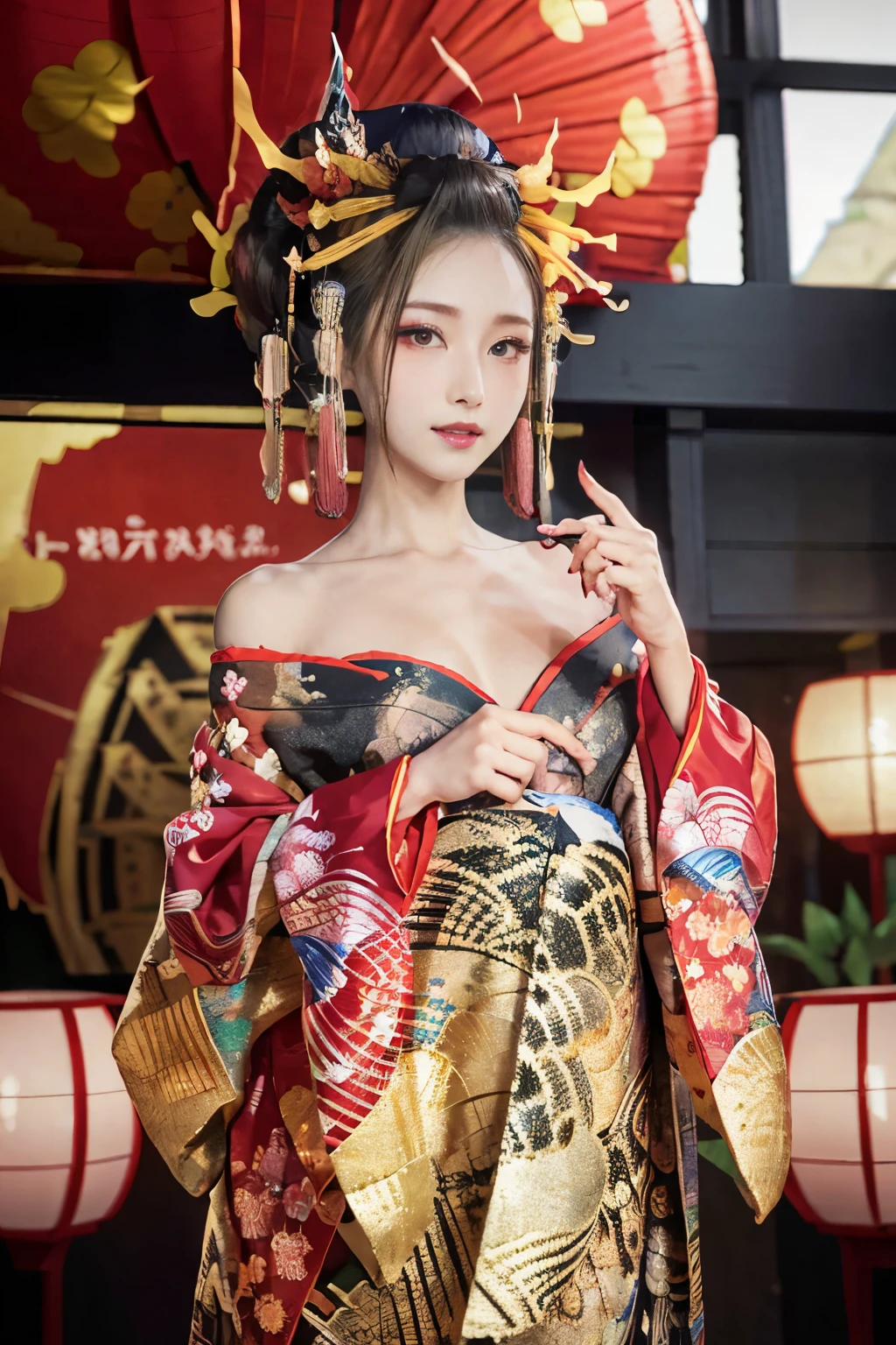 32k Ultra HD, Digital SLR,Film Grain, Fujifilm XT3,(Highest quality:1.3), (masterpiece:1.1), High resolution, Cinematic Light, Intricate details, (Realistic) (Night view) Realistic backlight、Dramatic reddish light、Beautiful Japanese young Geisha full body photo, ((Facial texture Pore details)), Grin、Devilish smile, Simple messy hairstyle, She wears a black satin kimono decorated with traditional dragon motifs.., Open shoulders, Colorful dragon tattoos all over the body, Has a long blade, Long-bladed Japan sword in hand,Inside a traditional villa, 32K, Front blur, beautiful girl,Small breasts,Are thin,Small Ass,Small waist,Slim legs and thighs,Flat Chest,Flat hips,The kimono is a traditional design with subdued colors.,