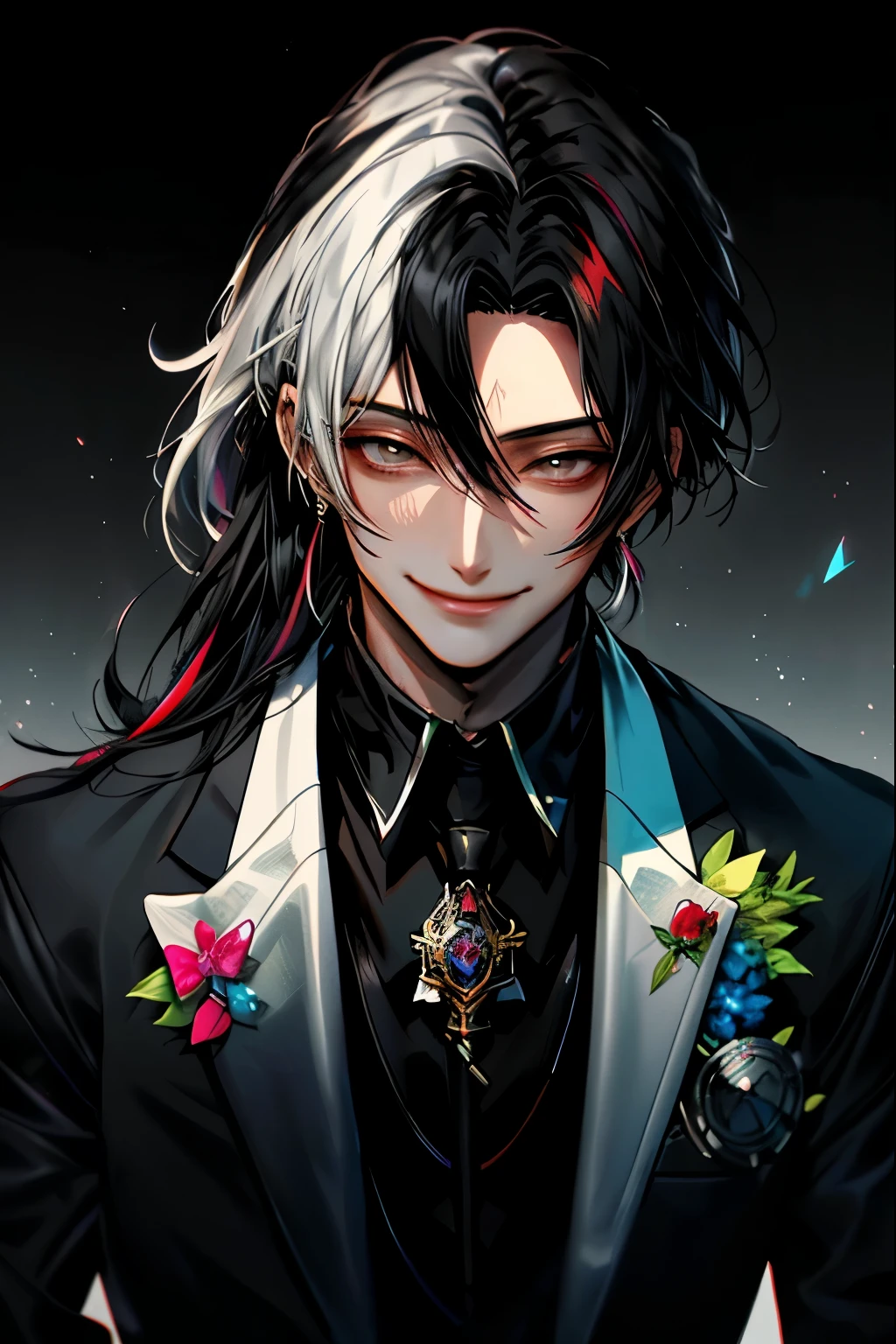 Anime: style image of a man with a white shirt and black tie, black hair with rainbow highlights, straight hair, gray eyes, friendly, hypocritical face, manipulative smile, surrounded by cameras and microphones, anime key image of a elegant and handsome androgynous prince.