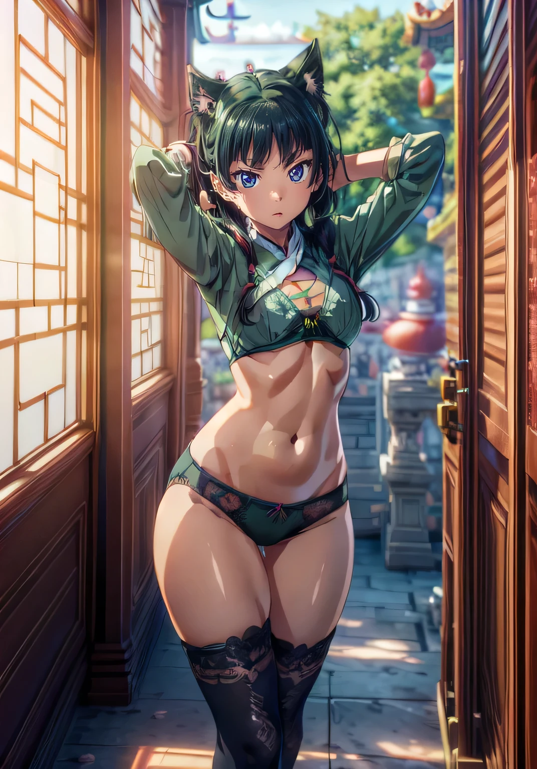 (Masterpiece, High Quality, Top quality, High-Detailed, Detailed CG, Cinematic Shadow, Cinematic Scene, Beautiful Detailed Eyes, Ultra Resolution, Depth of Field, High Resolution, Masterpiece: 1.2), Anime art style, Very detailed, Dynamic Angle, Teen Style, Detailed Green Hair, Cat Ear, Detailed Blue Eyes, Slim Body, Sparkling Eyes, Hair Accessory, Earrings, Slightly Blunt Bangs, Looking at the Audience, (Blush Expression:1.2), (Angry Expression:1.2), (Dark Green Hair), Purple Eye, Five Fingers, Good Composition, Arms, Thighs, Hand Lift Up, Hand Up, (Chinese Style Underwear), (Chinese Style Bra), (Chinese Style Panties), Medium Breasts, Medium Size Breasts, Blur Background, Chinese Architectures