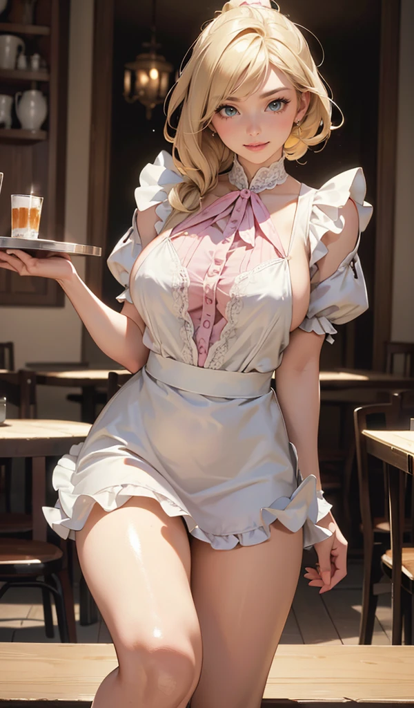 (Amazing masterpiece), (Maximize highest quality:1.5), (Maximize most beautiful digital illustrations:1.5), ((Most realistic:1.5)), ((Smooth, soft, crisp and most realistic skin and hair textures)), Most beautiful detailed eyes:1.5, ((Maximum resolution)), ((UHD, 16K, 1080p)), ((10 million ppi, 300 million dpi images)), ((Amazing dynamics:1.5)), Beautiful backgrounds with depth of field, Most beautiful natural light, Rule of thirds, ((Maximize every effect and present it in the ultimate quality)), 1slut, sexy, 25years old, beautiful face sharp, elegant mature woman, Ultimate perfect body style, beautiful beautiful big breasts, Maximize upturned breasts, beautiful green eyes, shiny light yellow hair, short hair, pony tail, (eyes visible through hair:1.3), glossy very thick lips, pink lipstick, Obscene smile:1.5, A waitress with a charming and unique outfit, detailed apron dress with intricate lace and frills in pastel pink, a fitted bodice with delicate embroidery, puffed sleeves with lace trim, a flared mini skirt with multiple layers of ruffles, knee-high socks with lace tops in white, holding a silver tray with a polished finish, dynamic pose, background of a bustling café interior with customers,