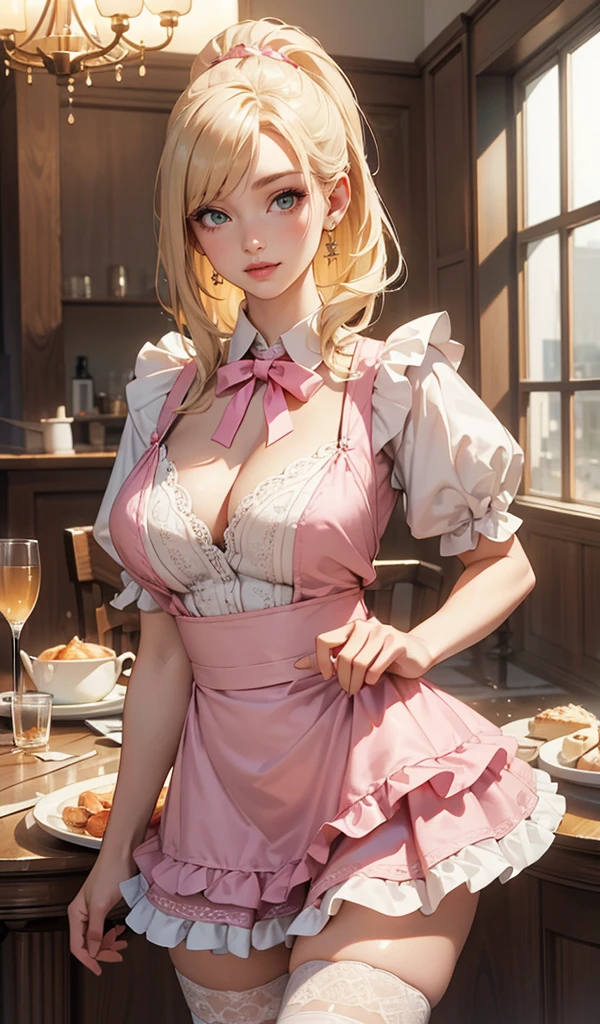 (Amazing masterpiece), (Maximize highest quality:1.5), (Maximize most beautiful digital illustrations:1.5), ((Most realistic:1.5)), ((Smooth, soft, crisp and most realistic skin and hair textures)), Most beautiful detailed eyes:1.5, ((Maximum resolution)), ((UHD, 16K, 1080p)), ((10 million ppi, 300 million dpi images)), ((Amazing dynamics:1.5)), Beautiful backgrounds with depth of field, Most beautiful natural light, Rule of thirds, ((Maximize every effect and present it in the ultimate quality)), 1slut, sexy, 25years old, beautiful face sharp, elegant mature woman, Ultimate perfect body style, beautiful beautiful big breasts, Maximize upturned breasts, beautiful green eyes, shiny light yellow hair, short hair, pony tail, (eyes visible through hair:1.3), glossy very thick lips, pink lipstick, Obscene smile:1.5, A waitress with a charming and unique outfit, detailed apron dress with intricate lace and frills in pastel pink, a fitted bodice with delicate embroidery, puffed sleeves with lace trim, a flared mini skirt with multiple layers of ruffles, knee-high socks with lace tops in white, holding a silver tray with a polished finish, dynamic pose, background of a bustling café interior with customers,
