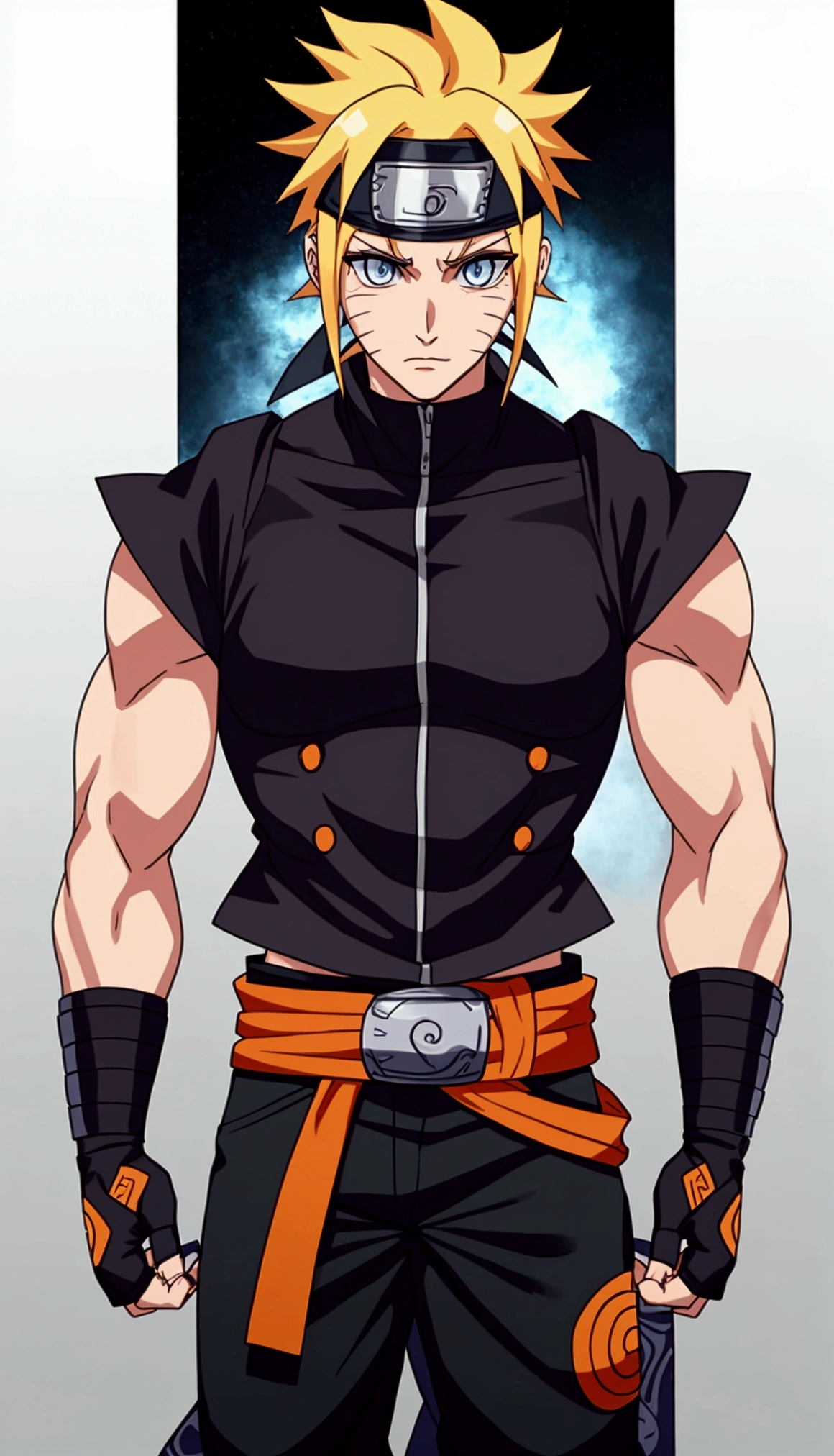 Naruto Uzumaki, bright blonde hair peinado hacia atras, blue eyes, muscular slim, strong arms, chiselled chest, dark gray vest, black ANBU pants, ninja combat boots, leaf village ninja headband as orange belt, bright blonde hair, beautiful face, beautiful eyes, model body, Whole body, front view towards the viewer, looking ahead, Whole body