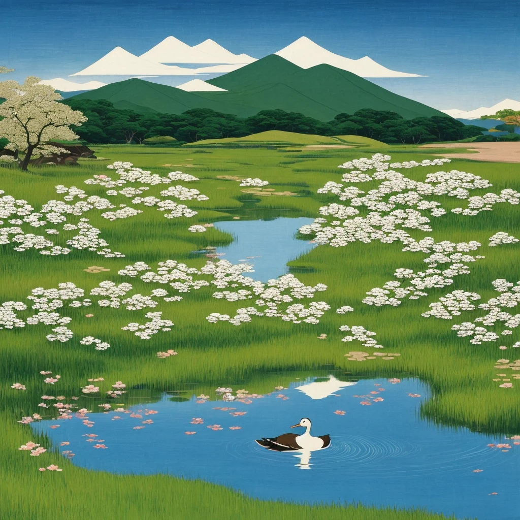 painting of a duck floating in a pond with white flowers, by Alex Katz, inspired by Ohara Koson, by Lin Tinggui, by Kaigetsudō Ando, inspired by Alex Katz, inspired by Winslow Homer, inspired by Hiroshige, japanese style painting, japanese painting, by Jacob Duck, inspired by Wu Guanzhong, inspired by Robert Bateman