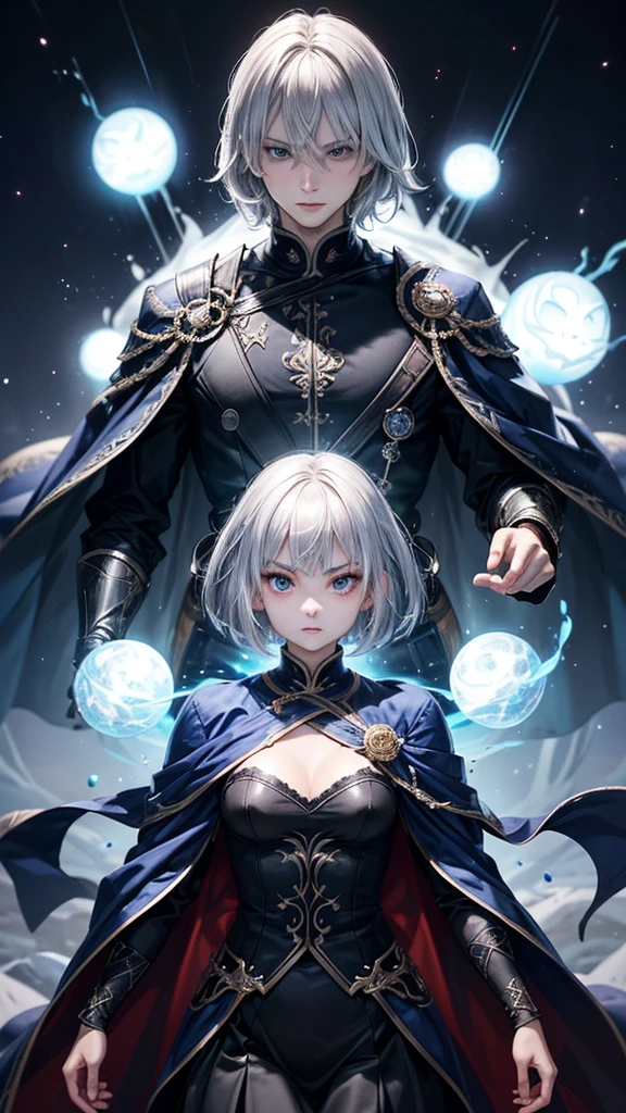 (Highest quality,Very detailed,High resolution:1.2),One adult male,Silver Hair,The most beautiful young man in human history,(1 photo from the front)、Dark blue eyes (Dark blue eyes:1.1),さみし気なaura(aura:1.1),(mysterious,Ghostly:1.1) atmosphere,Looks like half a demon,(Demonic traits,Demonic traits),(Elaborate,wonderful) ,Strong body、Shortcuts、Use magic、auraが漂う、Cape、Powerful、Confident expression、Are standing、Very Short Hair、Hair in transverse divisions、Perm、Sharp Eyes、Angry、Eight bright blue fireballs fly around
