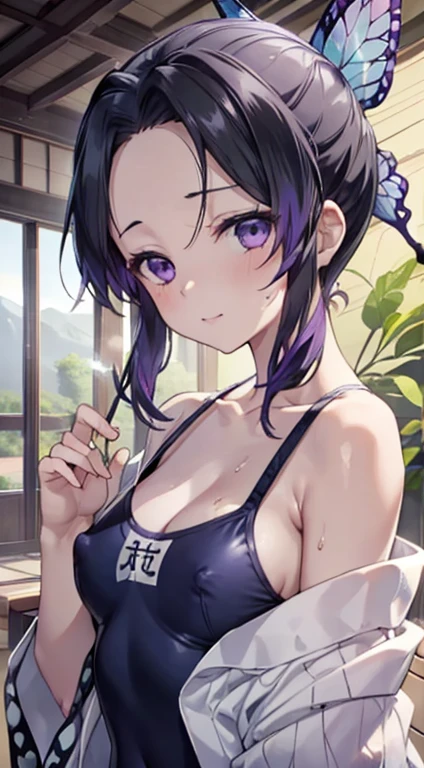 School Swimsuit, Browsing Caution, Small breasts, topless, Very fine and beautiful pink nipples, Pointed nipples, side, Ultra-realistic 8K CG，masterpiece，（（Highly detailed background，Delicate pattern，Intricate details）），The best quality in the best condition，とてもとてもとても詳細なface，Mountain stream, Sunlight filtering through the trees, mysterious, 最高の笑face, Sweat, ((((Beckoning, Seduce)))), Highly detailed eyesとface，Highly detailed eyes，kochou shinobu，Multicolored Hair，No bangs，Hair Intake，team uniform, Purple eyes，Haori，butterfly，band，（熱band庭園：1.2），Purple Flower，mostly cloudy null，Light of the sun，Tyndall effect，slope_null，face，beautiful null，Sabre on waist，Seductive posture，（Large Breasts:1.3)，（Cleavage:1.3)，（Off-the-shoulder outfit:1.6)