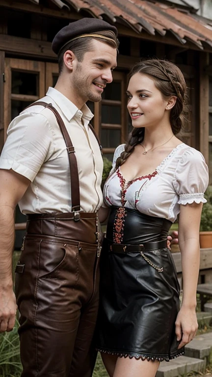 front view, 1 boy and 1 girl is exist, (1 man are dressed in Lederhosen, which are short leather pants with suspenders, often decorated with embroidery:1.3), 1 girl is 20 years-old, (brown hair ,double braid, smile), Tyrol hat with edelweiss, slime body, traditional German costumes from the 1930s. (The women are wearing embroidered Dirndls, which include a close-fitting bodice with a low neckline, a blouse worn under the bodice), (Black wide high-waisted skirt, An ankle-length skirt ), (White apron, flower arrange embroidered apron). The setting is a rural village during a festival, with people engaging in traditional activities and celebrating their heritage , textured skin , HI detailed skin, (foreshortening, Canon, 8K, anatomically correct, super detail, high details, highness)