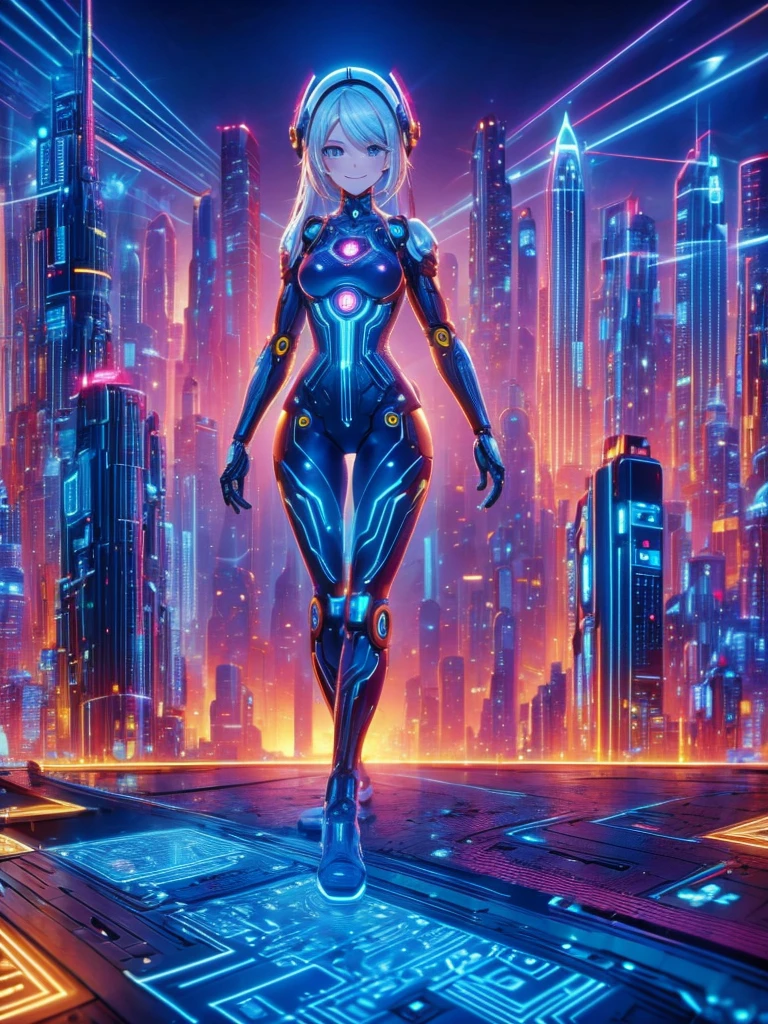 Masterpiece,Highest quality,Highest Resolution,A beautiful smiling android girl from the future,An intricate and precise mechanical body,Crisp down to the smallest detail,Future city at night,whole body,(((up))),