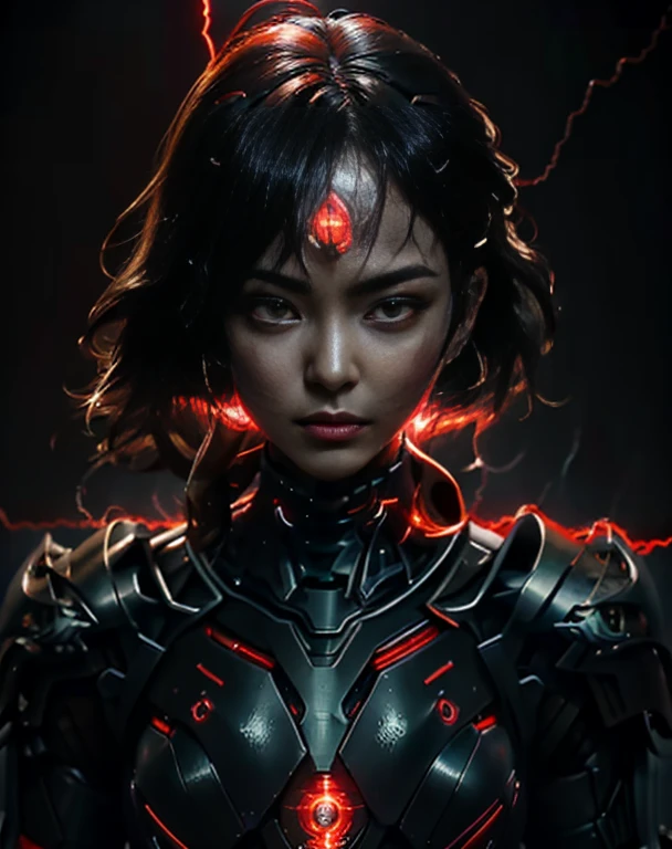 1 japanese girl, War Armor, complex patterns, heavy metal, energy line, Faceless, glowing eyes, elegant, intense, blood red and black, alone, modern, City, street, Dark clouds, thunderstorm, downpour,, dramatic lighting,, (masterpiece:1.2), best quality, High resolution, Beautiful detailed, Very detailed, Perfect lighting,