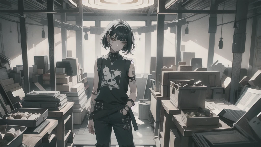 Best god quality, SOLO, single girl, no one in background, detailed, a dark room with moonlight shining in, no windows, dark bedroom, minimal lights, , (((SOLO))), (girl standing in middle) 1girl, punk, short hair, black hair, yellow eyes, eyelashes, eyeshadow,(black lipstick:1.2),nose piercing, lip piercing, baggy shirt, black baggy shirt, (sleeveless), tight black jeans, spikes bracelet, standing, looking at viewer, facing viewer, expressionless, hands in pockets, indoors