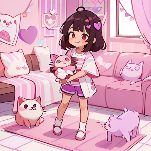 (Full body shot of a girl,(Grin,Brownish black hair,Medium Hair,Red heart hair ornament),(Short sleeve white jacket with purple hearts,White and pink striped shirt,Purple shorts)),(indoor,Pastel color heart pattern wall,Tile floor,Large white cat-shaped doll,Pink sofa,Cat pattern carpet