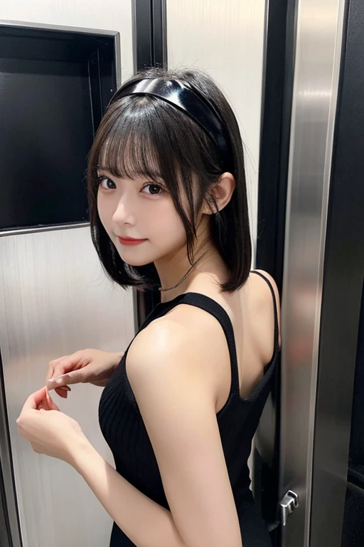 Highest quality,Real Stick,20 year old beautiful girl,very short black hair,Black knit mini tight dress,sexy huge hip,sexy bodyline,Black headband,Back view,standing,Elevator,whole body,full body shot