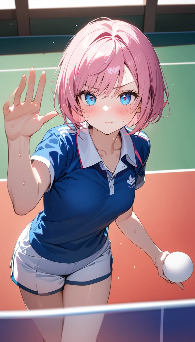 (1 girl),(Best Picture Quality, 8K, Masterpiece:1.3), (high school student:1.5), ((pink lob hair:1.1)), (bob cut),(swept bangs), (cute eyes, pupil black, iris skyblue, youthful face), (mole under right eye), (standard weight), (small breasts),(big hip), (glistening skin:1.2),(pale skin:1.2),(serious:1.3), (play table tennis:1.2), (table tennis uniform),(small Ping pong ball in the palm of your hand), (dynamic moving,:1.2),(Uplifting),(sweat:1.1),(magnificent view)