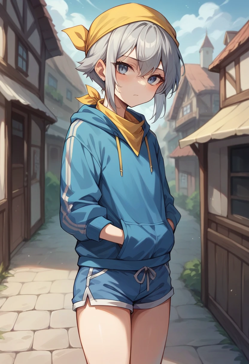 Girl living in a village,Blue jersey,Blue shorts,Ash grey hair、It is tied at the back,The head is covered with a yellow bandana,I'm wearing white sneakers,Good at fishing,Living in a village surrounded by nature,Fun atmosphere,The color of her eyes is a dull blue.,fish,Thighs,smile,walk,She is Japanese