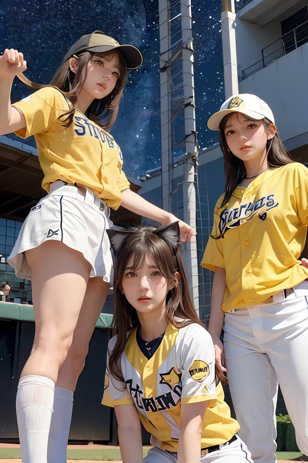 Three Girls, Long Hair, High resolution, Blushing, Open your mouth, (Cat ears:1.3), Pink eyes, (Baseball uniform:1.3), (Yellow helmet:1.3),(Playing Baseball:1.5),
(Starry Sky:1.6),Masterpiece, (From below:1.4)