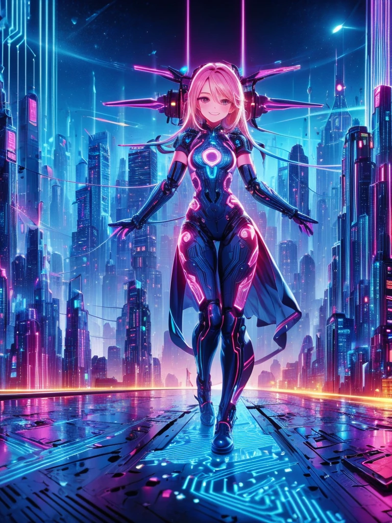 Masterpiece,Highest quality,Highest Resolution,A beautiful smiling android girl from the future,An intricate and precise mechanical body,Crisp down to the smallest detail,Future city at night,front,whole body,(((up))),