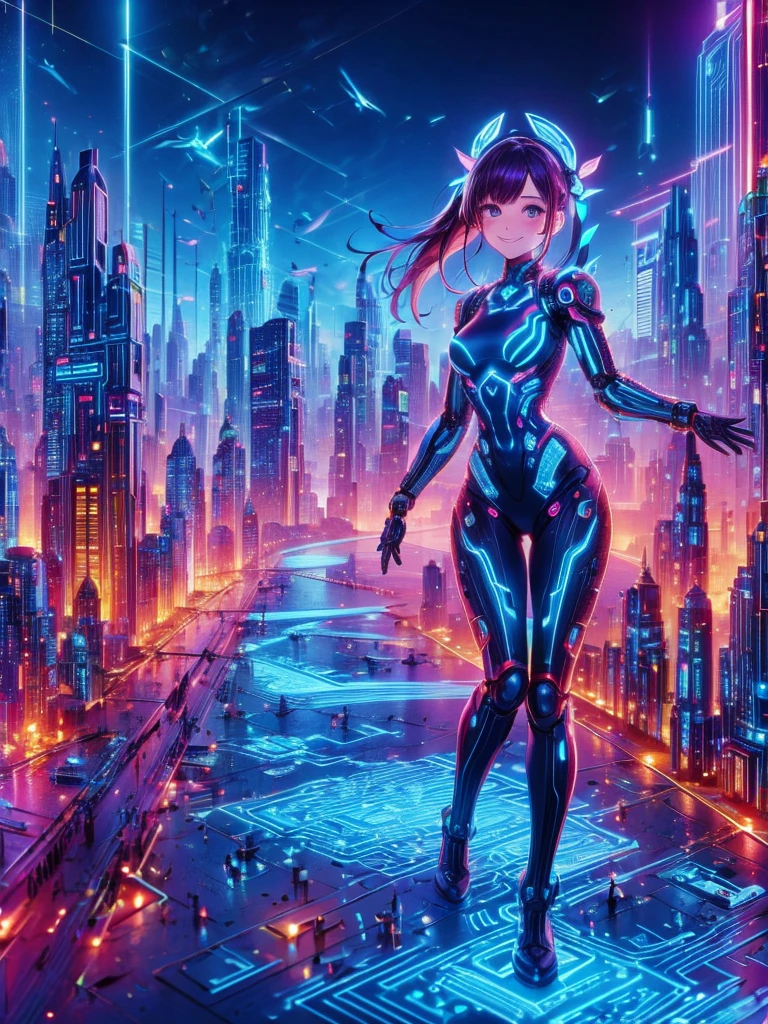 Masterpiece,Highest quality,Highest Resolution,A beautiful smiling android girl from the future,An intricate and precise mechanical body,Crisp down to the smallest detail,Future city at night,front,whole body,(((up))),