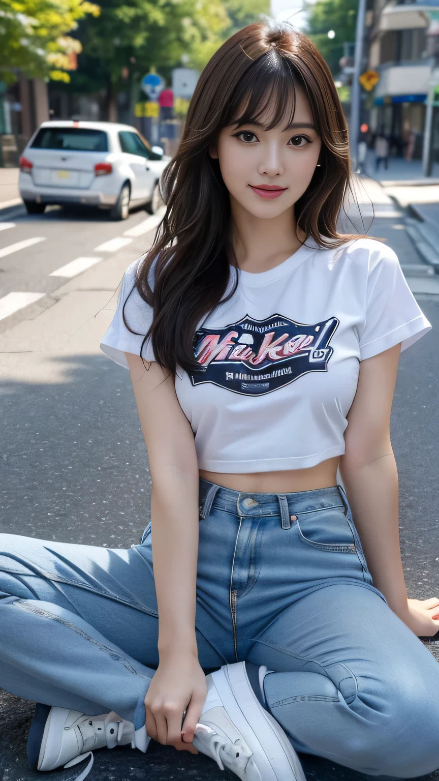 (Highest quality, masterpiece, Photorealistic, Super detailed, Ultra-high resolution, born:1.3), One girl, cute, Japanese, smile, bangs, (Low-rise XL, Low Waist XL, between legs), T-Shirts, Skinny Long Jeans, belly button, (sneakers, Good legs, whole body), ((Street pick-up))、Standing at an intersection、looking away、,F cup breasts、Triangular face、Dark brown wavy hair