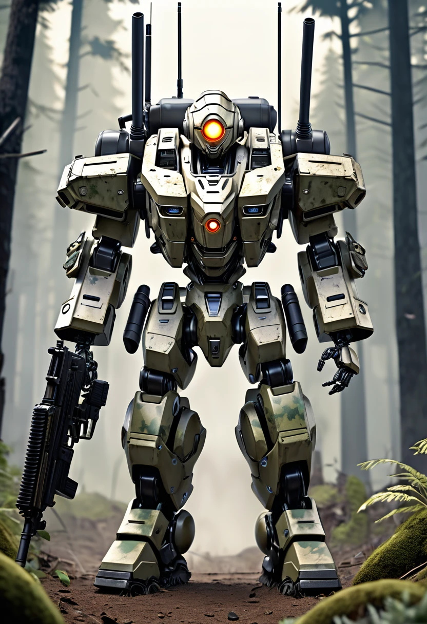 Concept 3d CG art.A robot similar to a land battleship, operated by a single humanoid person.The robot is about 2 meters tall and has a stylish design.The head is a stylish sphere with a single goggle-type eye.(Stylish body with reactive armor and forest camouflage).It also wears reactive armor on its legs and walks on two legs.Equipped with a stylish heavy machine gun on his right arm,He has a lot of grenades on his waist.There is a boarding gate for crew members on the back and it is integrated into a stylish backpack.The robot blends into the deep forest and fires its machine gun in a dynamic pose.The same type of robot Many are placed in the background,The rugged appearance of the robot's land combat style and its stylishness Aim for fusion.The texture of the armor, the scars, the muddy and dusty body,Representation of a machine gun with a burnt barrel,Empty cartridges flying out of machine guns,Cowboy Shot,High quality, high quality, (masterpiece best quality, 4k, 8k:1.5).Ultra detail,Ultra-fine painting,Physically Based Rendering,Cinema lighting,Professional photography,