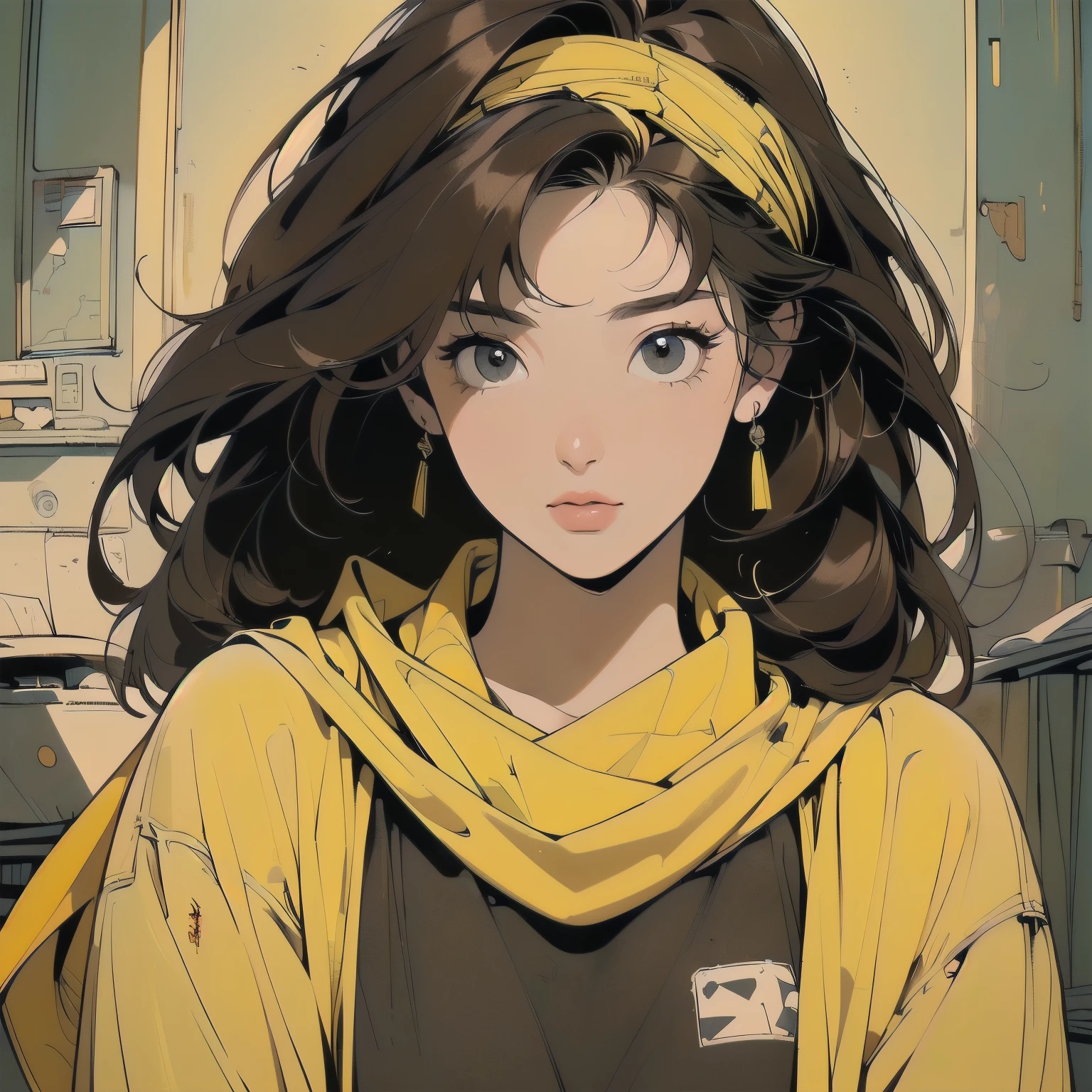 (((Fisheye Lens))), (((Very dull color))),(((One adult woman))), (((Extremely detailed backgrounds))), (((head shot))), Ultra detailed hair, (((Faint lighting))), ((((Variation Angle)))),(((Strong light on the face.))),(((Flat Chest))),Spacesuit,(((mysterious))),Destroyed city,(((Dilapidated abandoned apartment)))、((((Yellow scarf))))、(((Brown Hair)))、(((Yellow headband)))、The wind is blowing