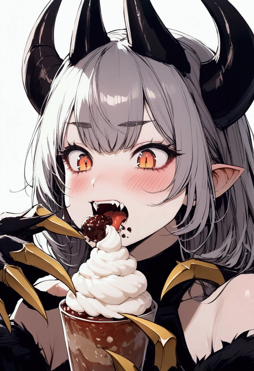 Girl, devil, horns, claws, fangs, eating, cream, blushing, beautiful