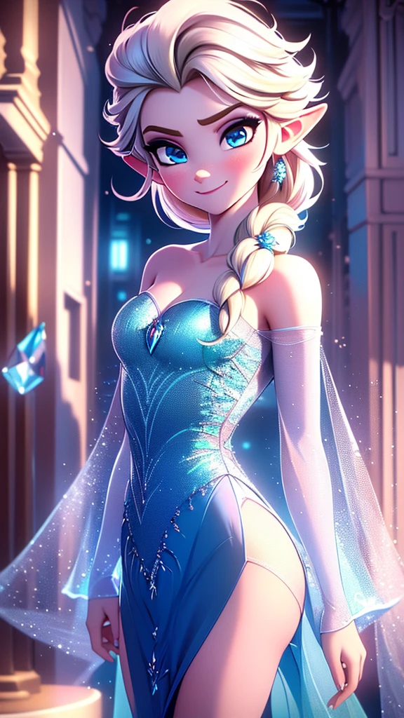 ((work of art)), (best quality), (detailed), ((1 male)),((link)), cosplaying as elsa, ( high fidelity  blue dress, crystal dress, see-through white sleeves, bare shoulders), gazing at viewer,( Short blonde hair, blue eyes), happy, smile,  