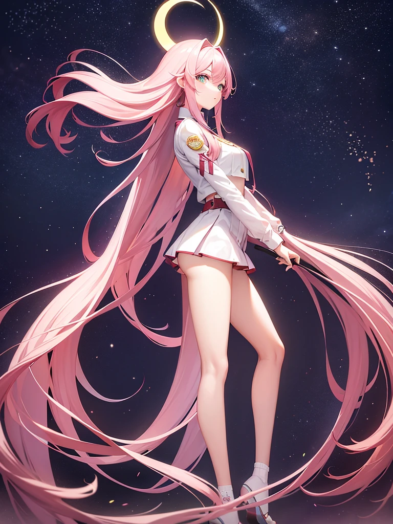 The long pink hair and half-twin outfit are a landmine. The background is pinkish with a crescent moon and a beautiful starry sky.