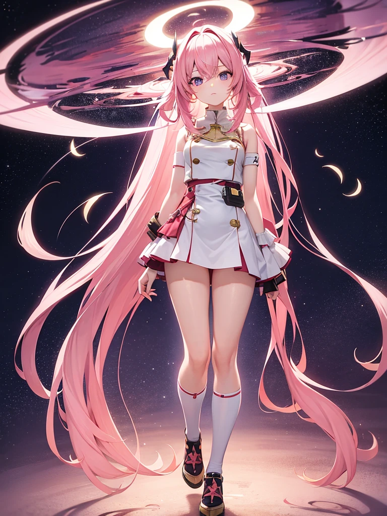 The long pink hair and half-twin outfit are a landmine. The background is pinkish with a crescent moon and a beautiful starry sky.