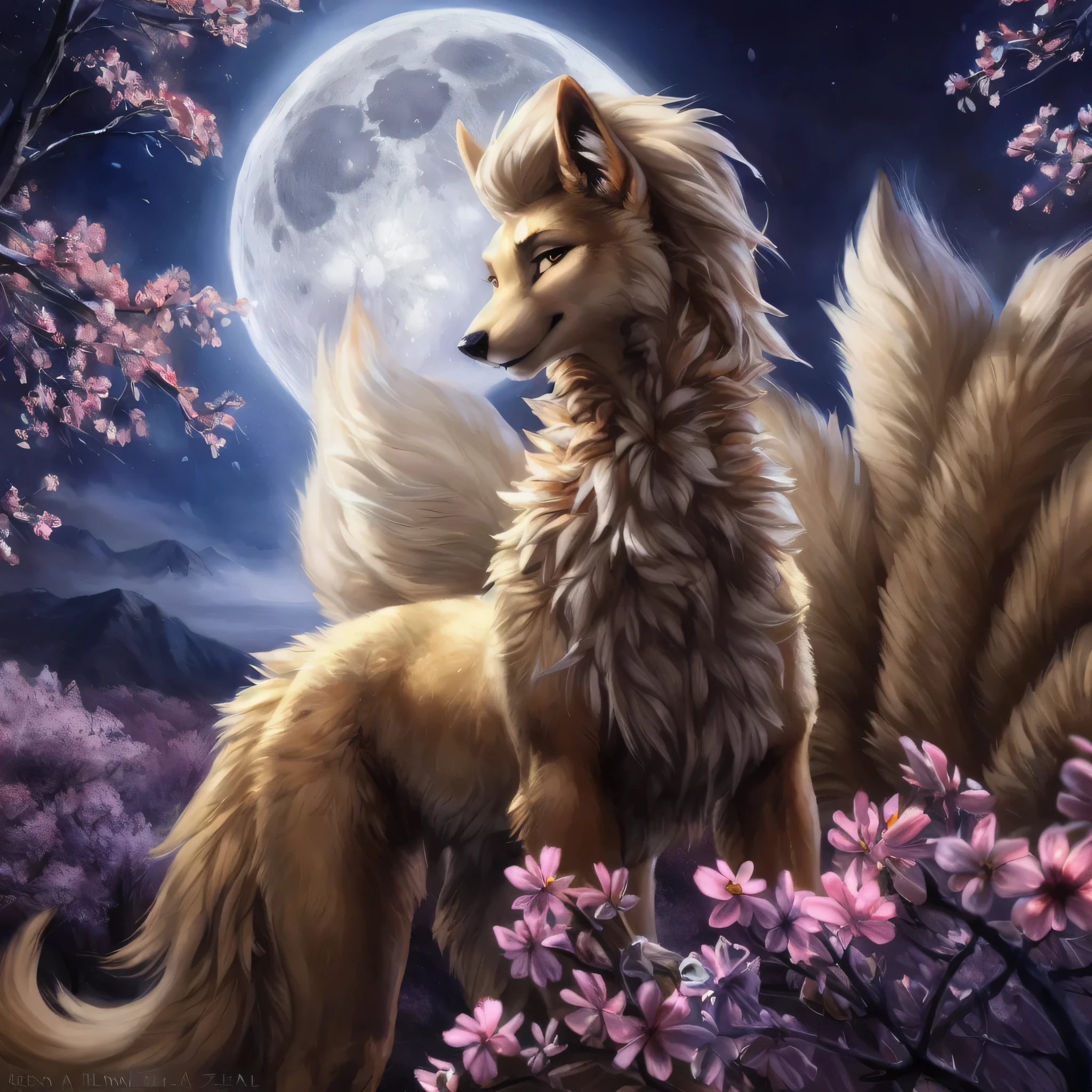 ((solo)) (feral, ninetales), female, looking at viewer, cherry blossom, night, fog, flower, multi tail, full moon,, best quality, shaded, extreme detail, highly detailed, ultradetailed, intricate, realistic, detailed background, hi res, realistic, photography \(artwork\), (by kenket), by ross tran, by michael & inessa garmash, by pino daeni, by isvoc, by kiguri, by alena aenami, by ruan jia, (by zenthetiger, by wolfy-nail), by Enki Bilal, by drmax, photorealism,