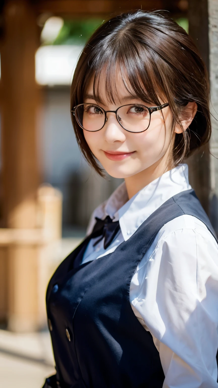 (Highest quality,masterpiece:1.3,Ultra-high resolution),(Very detailed,Caustics,8k),(Realistic:1.4,RAW shooting),A girl dressed as a butler,Japanese,boyish,smile,20-year-old,Short black hair,Glasses,Looking into the camera,Inside the Western-style building,Waist up shot,front,Face Focus,Face close-up,(Warm Light),Professional Writing