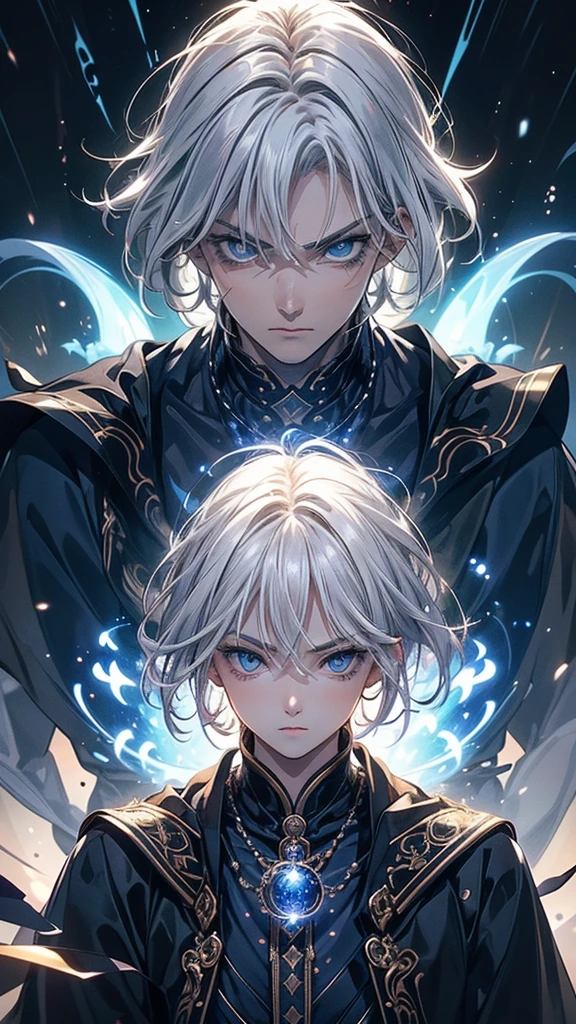 (Highest quality,Very detailed,High resolution:1.2),One adult male,Silver Hair,The most beautiful young man in human history,(1 photo from the front)、Dark blue eyes (Dark blue eyes:1.1),さみし気なaura(aura:1.1),(mysterious,Ghostly:1.1) atmosphere,Looks like half a demon,(Demonic traits,Demonic traits),(Elaborate,wonderful) ,Strong body、Shortcuts、Use magic、auraが漂う、Cape、Powerful、Confident expression、Are standing、Very Short Hair、Hair in transverse divisions、Perm、Sharp Eyes、Angry、Eight bright blue fireballs fly around