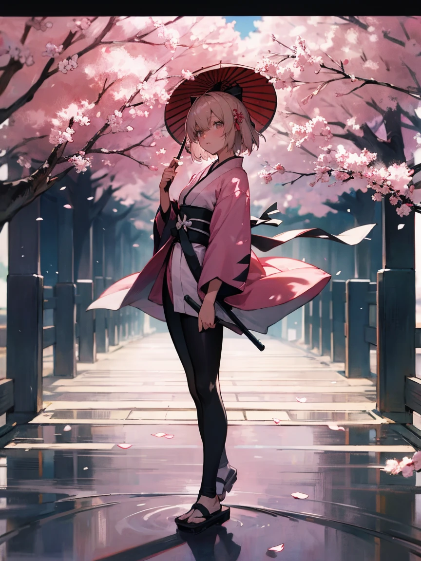 {Extremely detailed 8K wallpaper}, {masterpiece}, {Best Quality}，Alone，full body shot，Okita Souji，short hair, kimono，Haori Cerezo, cherry tree, sensual, leggings