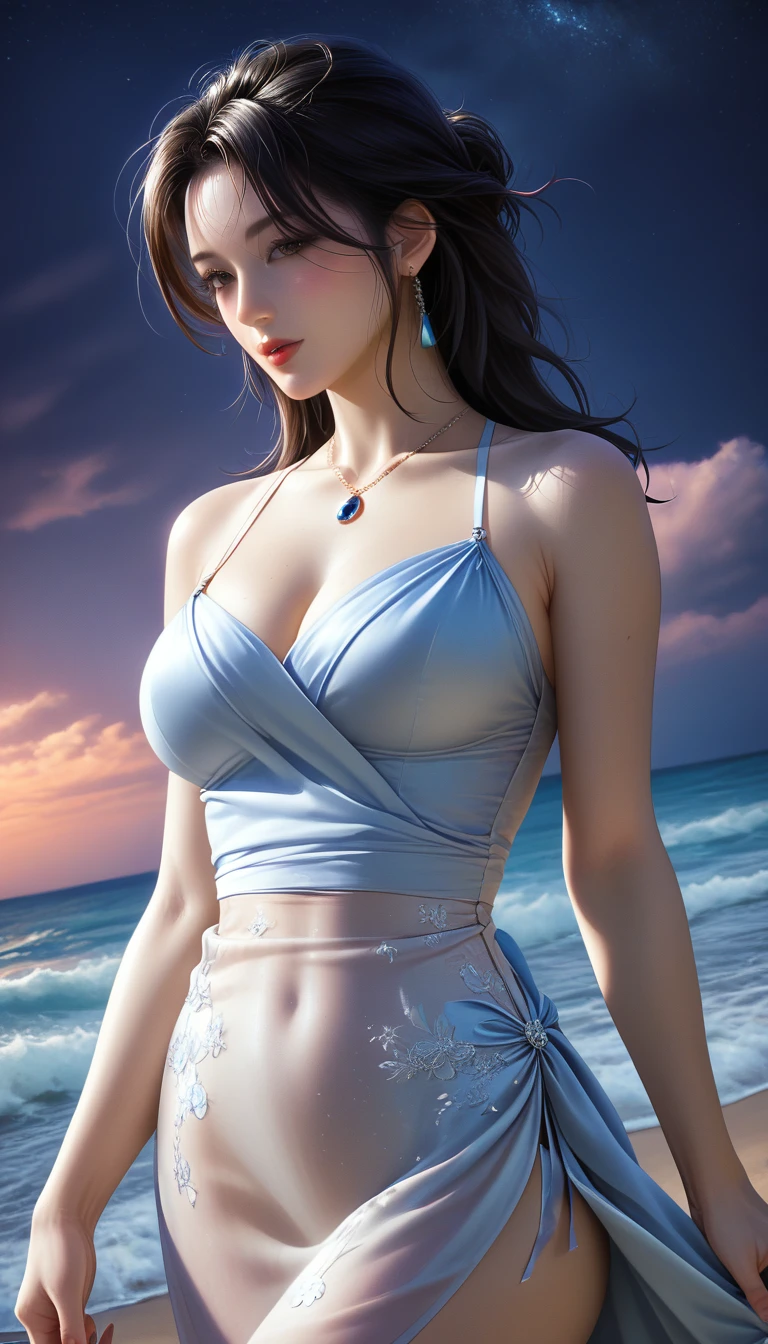 score_9, score_8_superior, score_7_superior, Masterpieces with up to 16K resolution,Highest quality,it is really amazing,Very detailed,Ultra-high resolution,(Ultra-realistic:1.1),(Realistic:1.1),Increased depth of field,Cinematic lighting,
Elegant Japanese MILF,
Long black hair,Ultra-detailed and beautiful faces,Translucent white skin,Very detailedな肌,
(Sexy Resort Dresses:1.1),
Artistic design,Beautiful and detailed pattern,Detailed fabric texture,
Gorgeous necklace,Earrings,
(Romantic evening coastal scenery:1.2),(Deserted beach:1.1),(A pitch black night sky with dark clouds:1.3),
(Dutch Angle:1.3),
