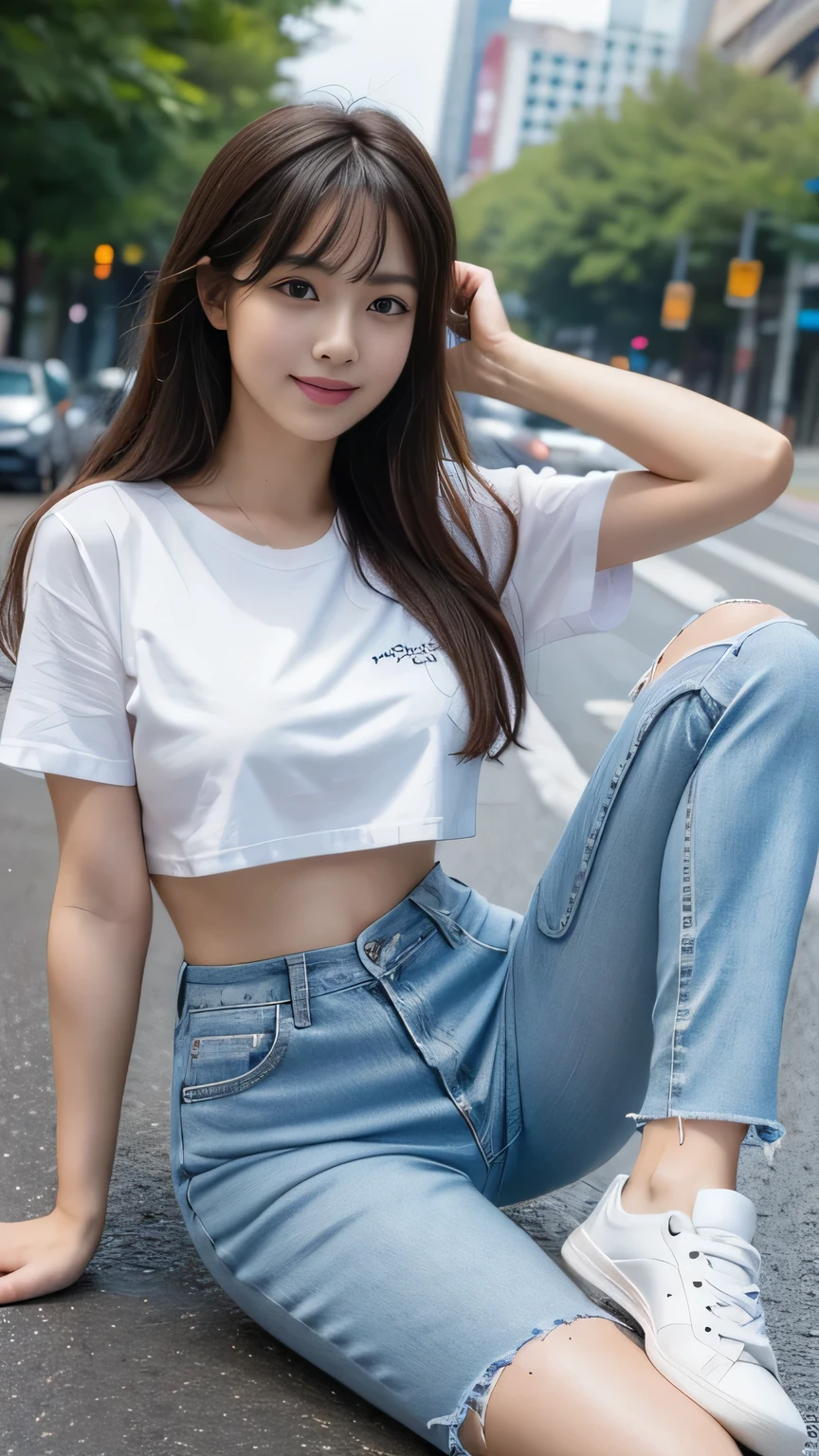 (Highest quality, masterpiece, Photorealistic, Super detailed, Ultra-high resolution, born:1.3), One girl, cute, Japanese, smile, bangs, (Low-rise XL, Low Waist XL, between legs), T-Shirts, Skinny Long Jeans, belly button, (sneakers, Good legs, whole body), ((Street pick-up))、Standing at an intersection、looking away、,F cup breasts、Triangular face、Dark brown wavy hair