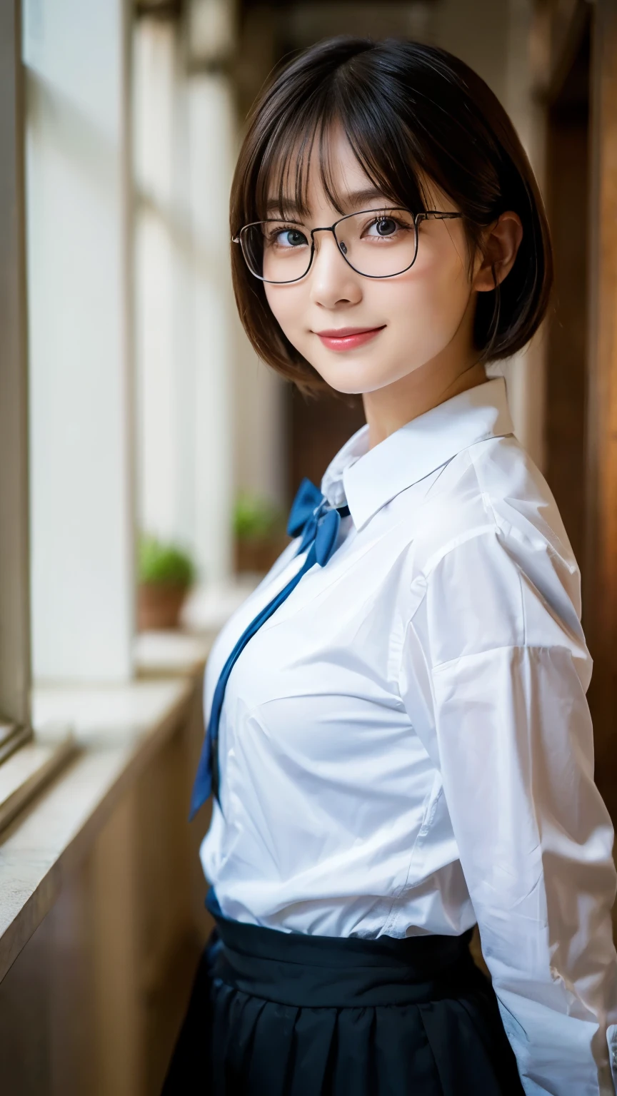 (Highest quality,masterpiece:1.3,Ultra-high resolution),(Very detailed,Caustics,8k),(Realistic:1.4,RAW shooting),A girl dressed as a butler,Japanese,boyish,smile,20-year-old,Short black hair,Glasses,Looking into the camera,Inside the Western-style building,Waist up shot,front,Face Focus,Face close-up,(Warm Light),Professional Writing