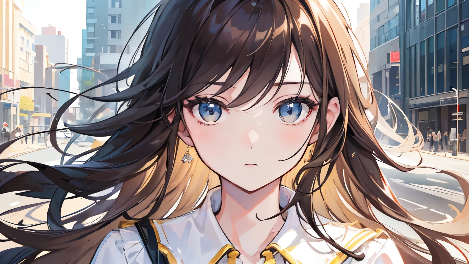 "Create a highly realistic image of the central woman in the uploaded illustration. She should appear as a real person with lifelike details. The woman has long, wavy brown hair with subtle highlights, large expressive eyes, and a delicate facial structure. She is wearing a white-collared shirt with a yellow outfit. The background should be consistent with an urban street setting, similar to the one in the illustration, but the focus should be on the woman's realistic appearance. Ensure that the image retains the emotional and evocative style of the original illustration."