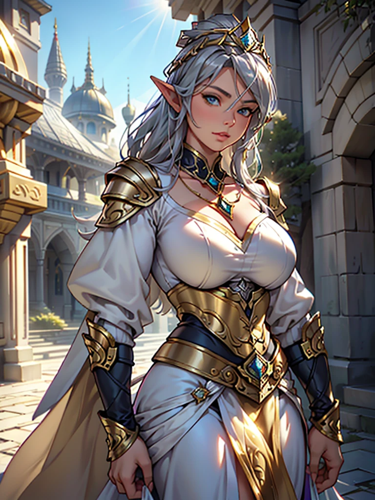 Realistic image cinematic shadows. in the courtyard. of the kingdom. There is Elven Queen, with crown, wearing a necklace around her neck, big round breasts big round big with bra made of steel, with gold ornaments, ((sexy spruce neckline showing great volume of round breasts in a silver armor, large gold ornaments. gold edges, hip)) reflecting the sunlight. Facing me looking at me