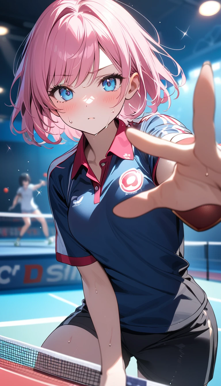 (1 girl),(Best Picture Quality, 8K, Masterpiece:1.3), (high school student:1.5), ((pink lob hair:1.1)), (bob cut),(swept bangs), (cute eyes, pupil black, iris skyblue, youthful face), (mole under right eye), (standard weight), (small breasts),(big hip), (glistening skin:1.2),(pale skin:1.2),(serious:1.3), (play table tennis:1.2), (table tennis racket), (table tennis uniform),(small Ping pong ball in the palm of your hand), (dynamic moving,:1.2),(Uplifting)
,(sweat:1.1),(magnificent view)