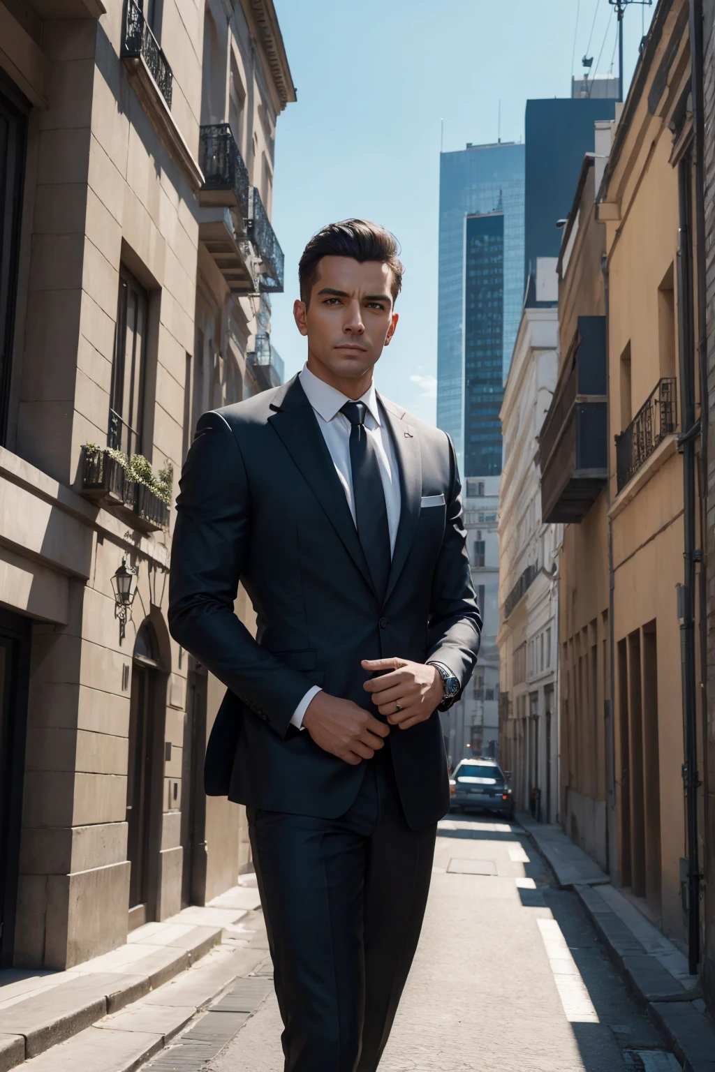 (melhor qualidade, 4k, 8k, high resolution, obra de arte:1.2), ultra-detalhado, realista:1.37, a man in a suit and tie 8k cinematic, sharp focus, cores vibrantes, studio lighting, photorealista, Detailed face and facial expression, Elegante e confiante, urban background with tall buildings, Dynamic Posture, elegant watch, extraordinary attention to clothing textures, Impeccable preparation, Contraste impressionante, fotografia profissional, estilo de arte moderna