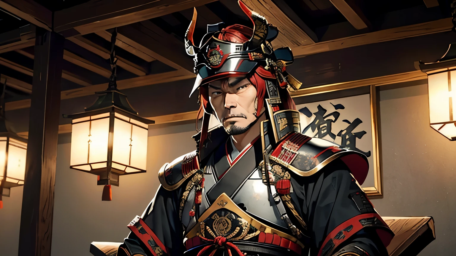 Sitting、Have a military rank、Wearing a helmet with horns、Takeda Shingen、Wearing intricately designed traditional samurai armor、
Famous people in Japanese history、He has a stern look、Has an intimidating presence
