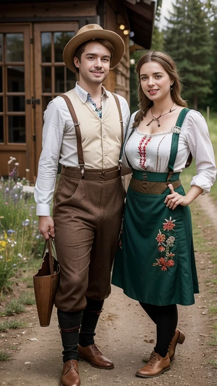 front view, 1 boy and 1 girl is exist, (1 man are dressed in Lederhosen, which are short  knit  pants with suspenders, often decorated with embroidery:1.3),  1 girl is 20 years-old, (brown hair ,double braid, smile), (2 people is Tyrol hat with edelweiss),  slime body, traditional German costumes from the 1930s. (The women are wearing  embroidered Dirndls, which include a close-fitting bodice with a low neckline, a blouse worn under the bodice), (Black wide high-waisted knit skirt, An ankle-length skirt ), (White apron, flower arrange embroidered apron), traditional shoes,  The setting is a rural village during a festival, with people engaging in traditional activities and celebrating their heritage , textured skin , HI detailed skin,  (foreshortening, Canon, 8K, anatomically correct, super detail, high details, highness)