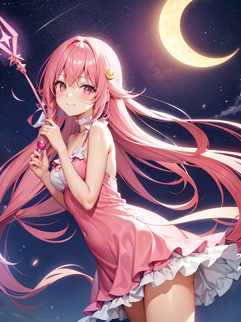 Pink long hair, half-twin outfit, pink frilly one-piece dress, pinkish background, crescent moon and beautiful starry sky, smiling while holding a magical girl wand