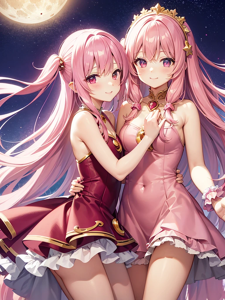 Pink long hair, half-twin outfit, pink frilly one-piece dress, pinkish background, crescent moon and beautiful starry sky, smiling while holding a magical girl wand