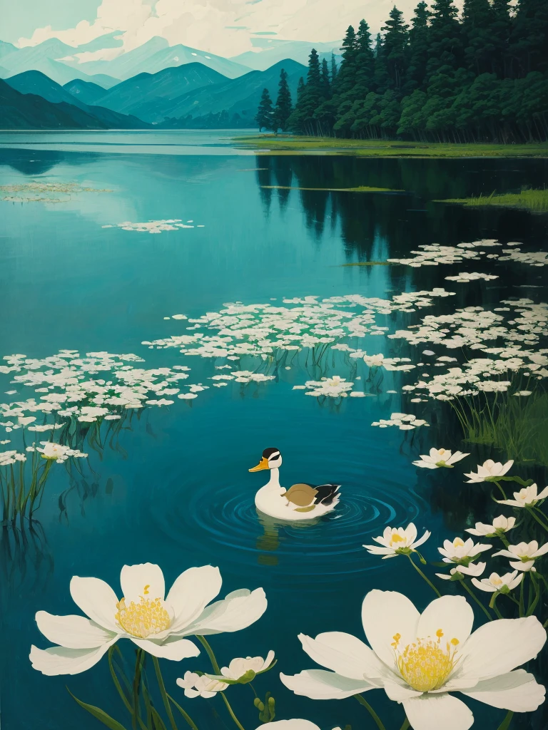 painting of a duck floating in a pond with white flowers, by Alex Katz, inspired by Ohara Koson, by Lin Tinggui, by Kaigetsudō Ando, inspired by Alex Katz, inspired by Winslow Homer, inspired by Hiroshige, japanese style painting, japanese painting, by Jacob Duck, inspired by Wu Guanzhong, inspired by Robert Bateman