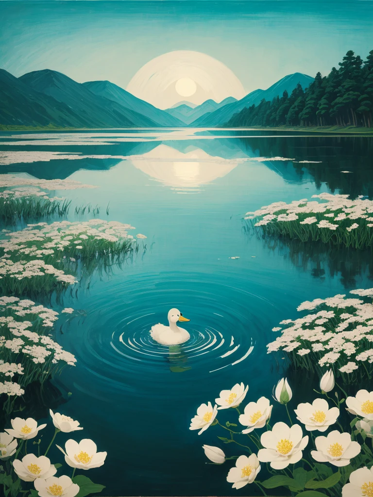 painting of a duck floating in a pond with white flowers, by Alex Katz, inspired by Ohara Koson, by Lin Tinggui, by Kaigetsudō Ando, inspired by Alex Katz, inspired by Winslow Homer, inspired by Hiroshige, japanese style painting, japanese painting, by Jacob Duck, inspired by Wu Guanzhong, inspired by Robert Bateman