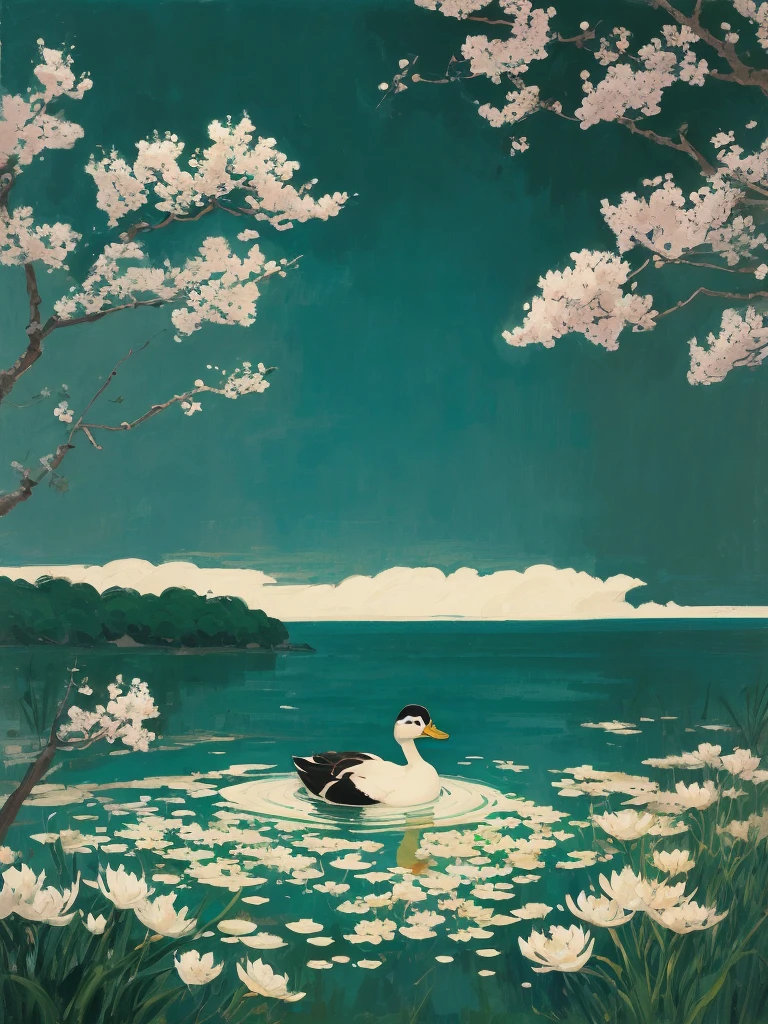 painting of a duck floating in a pond with white flowers, by Alex Katz, inspired by Ohara Koson, by Lin Tinggui, by Kaigetsudō Ando, inspired by Alex Katz, inspired by Winslow Homer, inspired by Hiroshige, japanese style painting, japanese painting, by Jacob Duck, inspired by Wu Guanzhong, inspired by Robert Bateman