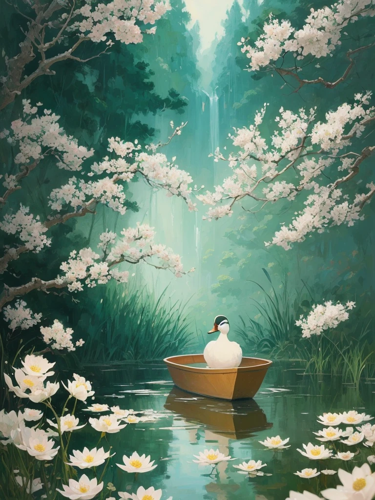 painting of a duck floating in a pond with white flowers, a digital painting by Alex Katz, tumblr, conceptual art, japanese style painting, japanese painting, anime nature wallpap, serene illustration, japanese art on behance, traditional japanese painting, beautiful brush stroke rendering, by rainer hosch, nature painting, this is beautiful, beautiful depiction, chinese style painting