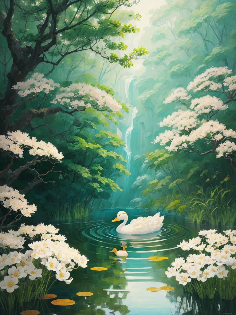 painting of a duck floating in a pond with white flowers, by Alex Katz, inspired by Ohara Koson, by Lin Tinggui, by Kaigetsudō Ando, inspired by Alex Katz, inspired by Winslow Homer, inspired by Hiroshige, japanese style painting, japanese painting, by Jacob Duck, inspired by Wu Guanzhong, inspired by Robert Bateman