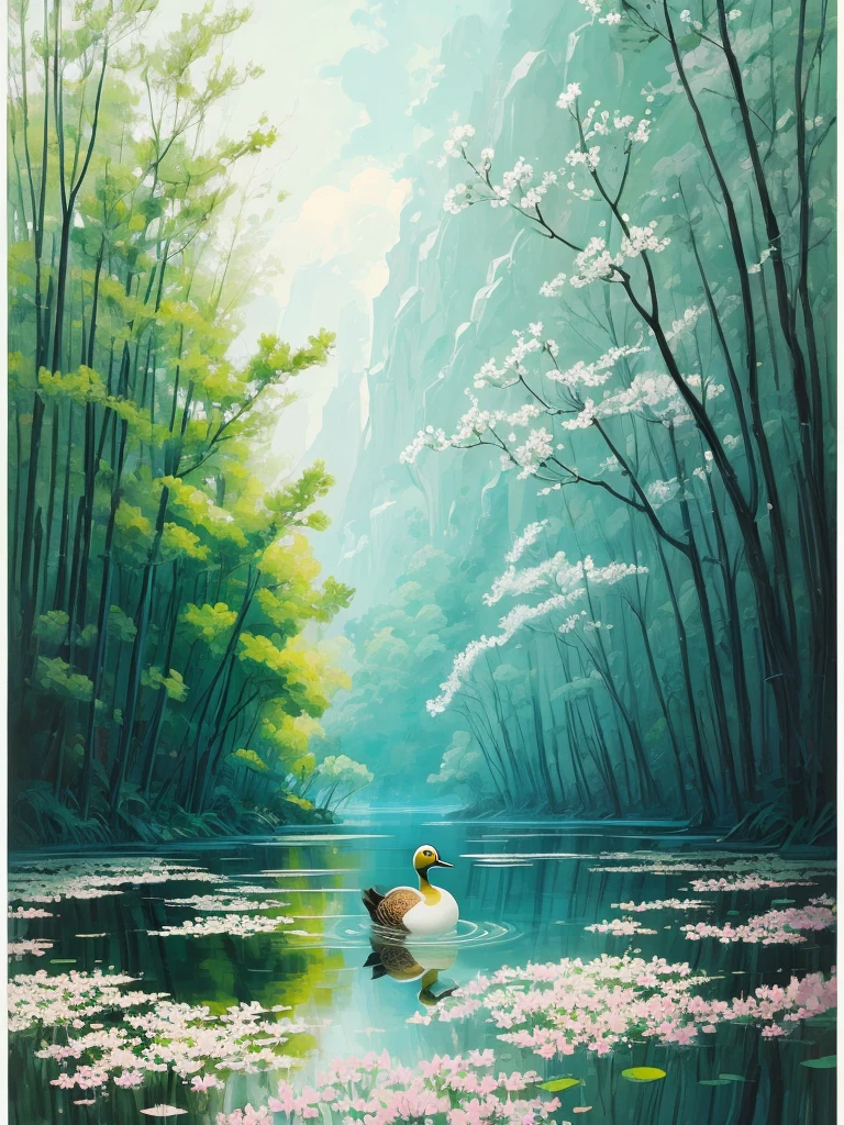 painting of a duck floating in a pond with white flowers, a digital painting by Alex Katz, tumblr, conceptual art, japanese style painting, japanese painting, anime nature wallpap, serene illustration, japanese art on behance, traditional japanese painting, beautiful brush stroke rendering, by rainer hosch, nature painting, this is beautiful, beautiful depiction, chinese style painting